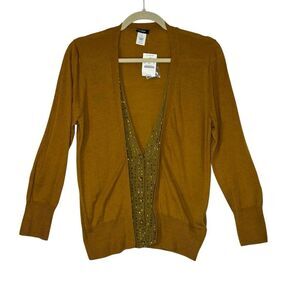 J Crew Wool Silk Blend Mustard Yellow  Beaded Cardigan | M